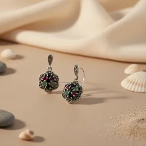 Juego de Aretes, Collar y Anillo de Plata de Ley 925 para Mujer, Estilo Vintage, con Piedras Preciosas Multicolores, Resistentes al Deslustre, para Regalo - Product Image 1