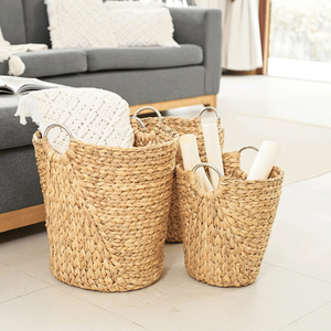 Set of 3 Storage <b>Basket</b> Woven Water Hyacinth <b>Blanket</b> <b>Baskets</b> with Handles Round Natural Nesting Storage Bins for Your Home Decor - Product Image 1