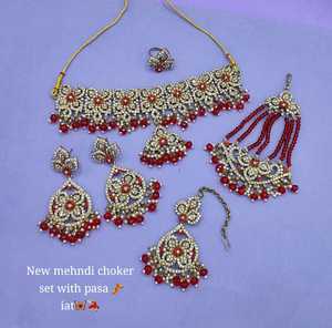 Nouveau design fantaisie plaqué or traditionnel Motipearl Kundan clouté collier ras du cou boucle d'oreille Mangtika & Pasha ensemble de bijoux femme - Product Image 3