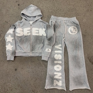 Survêtement personnalisé délavé à l'acide Ensemble de survêtements de jogging Streetwear Impression bouffante Lavage par pulvérisation Pantalon de survêtement évasé et ensemble de sweat à capuche avec fermeture éclair complète - Product Image 5