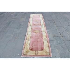 Turkish Runner Rug 2.5x10 ft, Pink <b>Brown</b> Floral Rug <b>Wool</b> - Product Image 1