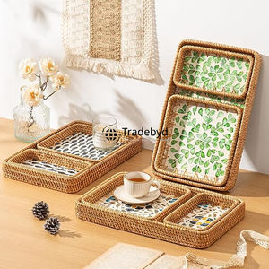 Plateau de service en rotin moderne de qualité supérieure, fait à la main, mobile, élégant, organisateur de maison, Tradebyd - Product Image 2