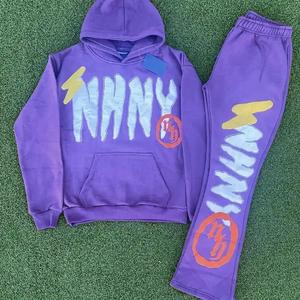 Unisex Custom Clothing Printed Heavyweight Cotton Streetwear Manufacturers' Jogging Man Raw Hem Cropped Hoodie Flared Sweatpants - Product Image 5