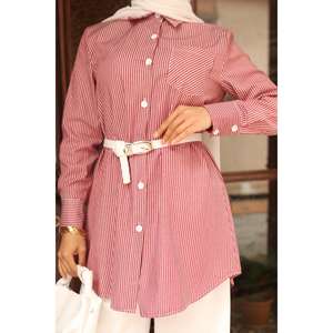 Traje Casual con Detalle de Bolsillo a Rayas Color Borgoña MSW19242-2 con Blusa Larga y Pantalón Midi - Product Image 2