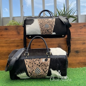 2025 nouveauté Logo personnalisé conception à carreaux usiné à la main en cuir de vachette 2 pièces Duffle Combo Set en cuir véritable sacs de voyage - Product Image 1