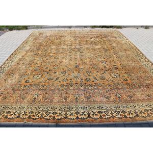 พรมวินเทจตุรกีรักษ์โลก ขนาด 11.1x13.5 ฟุต (339x412 ซม.) สีน้ำตาลลายปะติดต้นไม้และพืช พรมขนสัตว์พร้อมแผ่นรองยางลาเท็กซ์ - Product Image 1