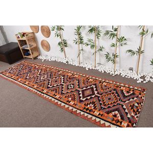 Tapis Turc Vintage Ethnique 3.1 X 11.2ft Orange Rouge Grande Surface Laine Patchwork Latex Rectangle Couloir 10mm 10mm Chambre Abstraite - Product Image 1
