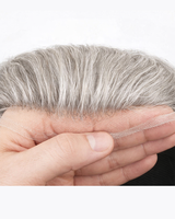 En gros, Prothèse capillaire pour hommes gris-blanc en cheveux naturels, avec base en dentelle injectée de PU et peau fine, système de remplacement capillaire, unité capillaire masculine
