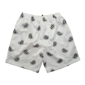 Custom White Mesh Basketball <b>Shorts</b> with <b>Black</b> Paisley Print Lightweight Quick Dry Activewear for <b>Men</b> Gym or Casual Use - Product Image 1
