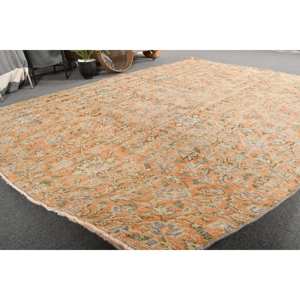 พรมขนสัตว์ปะต่อสีส้มสีฟ้าคลาสสิกขนาด5.8X8.5ฟุตงานแฮนด์เมดสไตล์ตุรกีสำหรับห้องนั่งเล่นลายสี่เหลี่ยมดีไซน์แบบยาง - Product Image 5