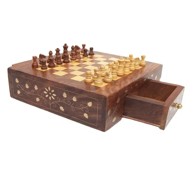 Handcrafted Wooden Chess Set Two Built-in Storage Drawers and Handcrafted Chess Pieces Perfect Game Set