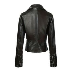 แจ็กเก็ตหนัง PU พร้อมหมุดย้ำสำหรับผู้หญิงแจ็กเก็ตขี่มอเตอร์ไซด์ทันสมัยและทันสมัยเสื้อแจ็กเก็ตสั้นแขนยาวขายส่ง - Product Image 2