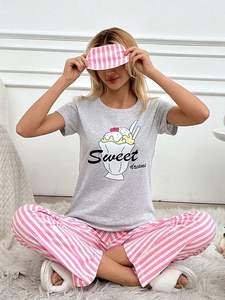 Quantité minimale de commande bas grande taille grande taille femmes col rond manches courtes haut et pantalon long ensemble de pyjama confortable - Product Image 2