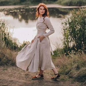 Robe mi-longue en lin enveloppante bohème pour femmes à manches longues robe longue tissée écologique options de taille plus disponibles - Product Image 1