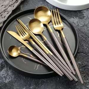 Luxury <b>Cutlery</b> <b>Set</b> Wedding Decor Stainless Steel Food Grade Golden Flatware <b>Set</b> With <b>Black</b> Handles Latest Arrival - Product Image 2