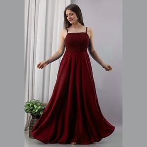 Robe de soirée confortable en mousseline de soie bordeaux, coupe trapèze, taille empire, longueur ras du sol, ornée de dentelle et de perles de cristal, style simple, pour taille XL - Product Image 1