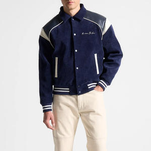 Navy Blue Hooded Varsity Jacket with Vegan <b>Leather</b> Stand Collar <b>Strips</b> Shoulder Customized Embroidery Logos Quick Dry Breathable - Product Image 5