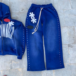 Ensemble pantalon de survêtement évasé avec strass et sweat à capuche Fabricant sur mesure OEM Pantalon baggy à double taille empilée Survêtement à fermeture éclair - Product Image 3