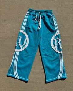 Teal Wide Leg Track Pants with <b>White</b> Side Stripes Drawstring Waist Large Logo Patch Casual Streetwear - Product Image 1
