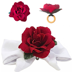 Anillo para Servilletas con Rosa Colombiana Roja, Hecho a Mano, Flor de Terciopelo con Base de Madera, para Decoración de Mesa de Boda u Hotel, Venta al Por Mayor - Product Image 1