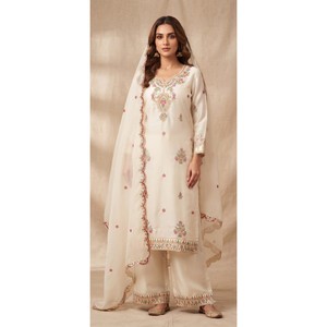 Women <b>White</b> Embroidered Chiffon Gajji Kurta <b>Palazzo</b> with Dupatta Set-WSKP304 - Product Image 1