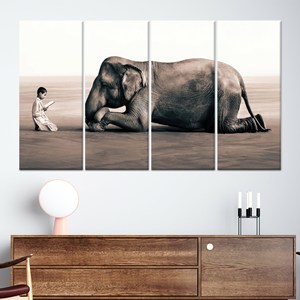 Tableau sur toile « Éléphant et garçon lisant » : Décoration imprimée surréaliste, toile enveloppée 4P - Product Image 1