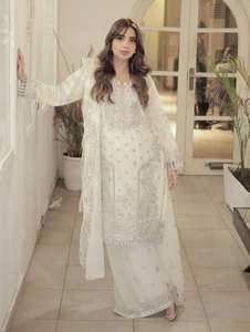 Conjunto de traje Sharara de seda Simmer, ropa de fiesta India paquistaní lista para usar, ropa de boda tradicional cosida Salwar Kameez Dupatta - Product Image 6