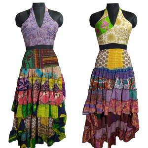 Conjunto de Falda y Top con Volantes de Sari de Seda Natural Transpirable Bordado Estilo Boho Vintage Indio, Diseño Moderno y Elegante hasta el Suelo - Product Image 1