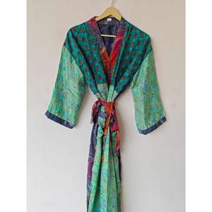Recycled Sari Silk <b>Kimono</b> Robe Floral Pattern Indian Maternity Dressing Gown Long Wear Thermal for Summer <b>Beach</b> Cover Autumn - Product Image 3