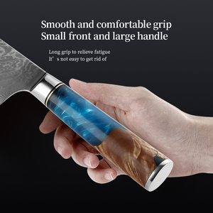 Venta al por mayor personalizado de alta calidad OEM ODM servicio estilo japonés hoja de acero damasco cuchillo de cocina mango de resina cuchillo de Chef azul - Product Image 6