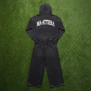 Mens Washed <b>Black</b> <b>Zip</b> Up Hooded Tracksuit Set Decorative Text Print <b>Hoodie</b> and Wide Leg Pants - Product Image 5