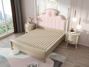 French Style <b>Poster</b> Bed Queen Size Soft Upholstered Headboard Solid Wood <b>Frame</b> Pink and Beige Design - Product Image 3