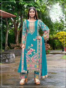 ชุดเสื้อกางเกงผ้ามัสลิน3ชิ้นสำหรับผู้ใหญ่พร้อมพิมพ์ดิจิตอลและกระจก/งาน Ari และลูกไม้แฟนซีแห้งเร็วสำหรับงานปาร์ตี้/งานแต่งงาน/Diwali - Product Image 4