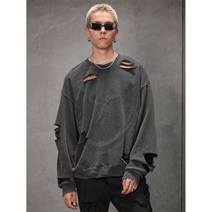 Sweatshirts délavés à l'acide pour hommes pull déchiré surdimensionné col rond thermique épaule tombante sweat-shirt vintage Street Wear - Product Image 3