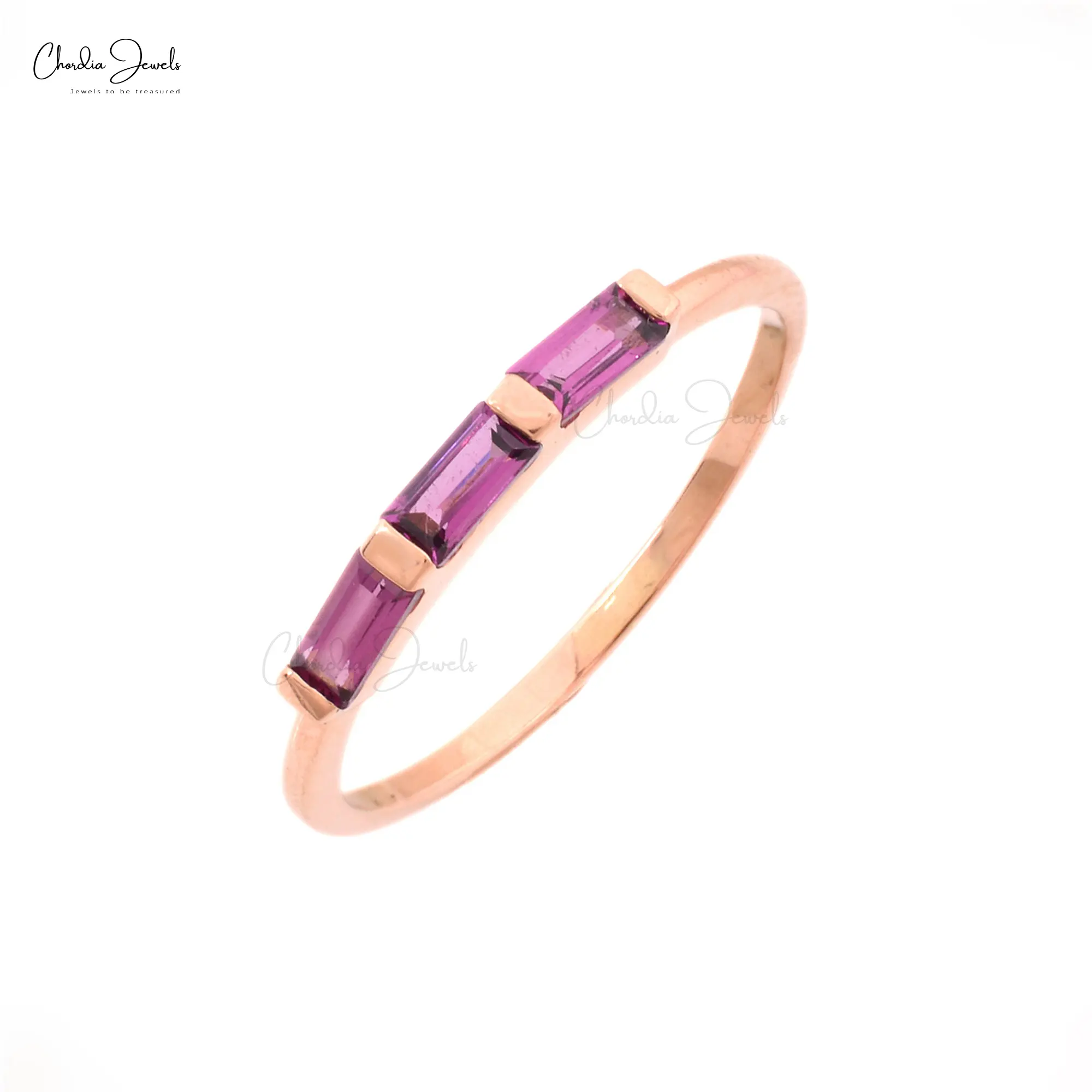 Nouvelle Collection Baguette Cut Rhodolite Grenat Bague de Fiançailles Ensemble 0.24 Carat Trois Pierre 14k Solide Or Rose Bague Femme