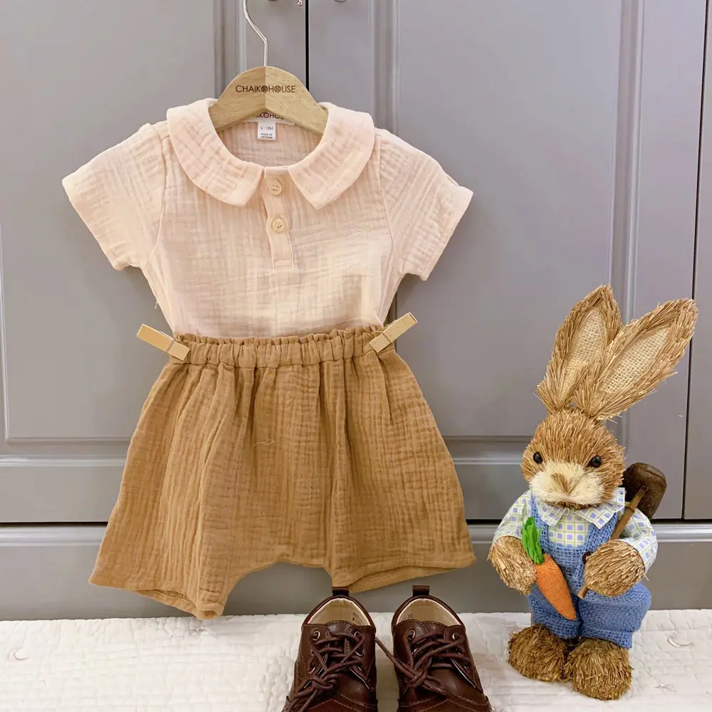 Best Price Baby Clothes Set 2 Pieces Summer Autumn Outfit   Beige Short Sleeves Shirt  Brown Short Pants - Zane Set