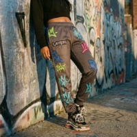 Pantalon de jogging en denim épais pour femme, coupe droite, écologique, délavé à l'acide, taille haute, fermeture boutonnée, imprimé 3D en relief, style streetwear Y2K