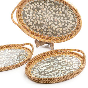 Plateau en rotin ovale Artisan avec joli design noir motif à la mode unique idéal pour servir des boissons collations et décoration intérieure - Product Image 4