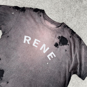 เสื้อยืดผ้าฝ้าย100% สีดำสำหรับผู้ชายเสื้อยืดแขนสั้นทรงหลวมพิมพ์ลายเสื้อยืดซักความเป็นกรดแบบฮิปฮอประบายติดโลโก้ได้ตามต้องการ - Product Image 5