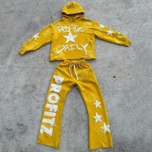 Ensemble sweat à capuche et pantalon évasé en molleton bouclette 100 % coton respirant, avec broderie personnalisée du logo OEM, effet délavé vintage - Product Image 2