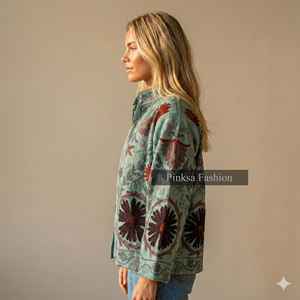 Wholesale Blue Floral Embroidered <b>Velvet</b> Knitted Eco-Friendly Cotton Jacket for <b>Women</b> Handmade Suzani Ethnic Style Winter <b>Coat</b> - Product Image 4