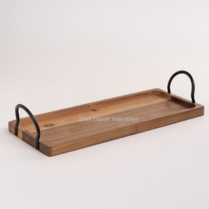 Stylish Natural Wooden Serving <b>Tray</b> With Black Metal Handles Kitchenware Home and Hotel <b>Snacks</b> & Juice Serving <b>Tray</b> - Product Image 1