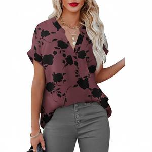 เสื้อเชิ้ตแขนสั้นคอวีพิมพ์ลายดอกไม้สไตล์ยุโรปอเมริกันเกาหลีทรงปกติสำหรับทุกฤดูกาลปี 2025 ผลิตจากผ้าไม่ถักทอคุณภาพสูง เหมาะสำหรับใส่ทำงาน - Product Image 1
