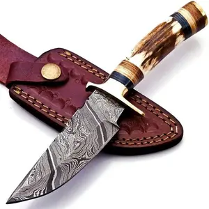 कस्टम आकार हस्तनिर्मित दमिश्क स्टील शिकार चाकू संभाल हिरण Antler आरामदायक हाथ पकड़ Cowhide चमड़े म्यान के साथ संभाल