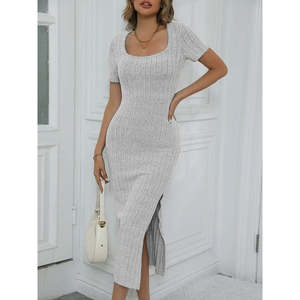 Vestido corto de mujer con cuello cuadrado, abertura lateral y diseño acanalado tipo corsé, 23491 - Gris - Product Image 3