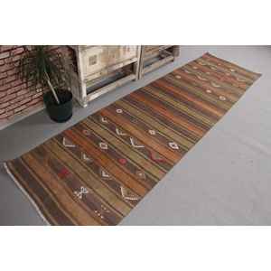 Alfombra Turca Kilim de 2.9x10.4 pies, Alfombra Vintage, Alfombra de Lana con Diseño Floral Marrón - Product Image 3