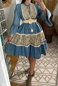 Vestido Maxi Bohemio Azul con Bordado, Manga Campana, Estilo Vintage Boho con Cintura Natural, 100% Algodón Ecológico - Product Image 2