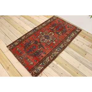 พรมตุรกีขนาดเล็ก 3x5 ฟุต (90x153 ซม.) พรมขนสัตว์ลายตารางสีแดงวินเทจ - Product Image 1