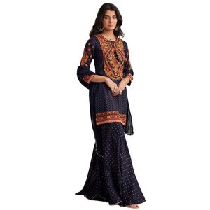 Set di Sharara Kurta in seta blu Navy con Dupatta ricamata per festa di ricevimento di nozze festivo per occasioni indiane - Product Image 1