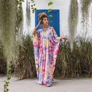 Wholesale Tie Dye <b>Kaftans</b> India Women Apparel Short Sleeve V Neckline Bohemian Short <b>Kaftan</b> for Women Beachwear Summer Cover Ups - Product Image 1